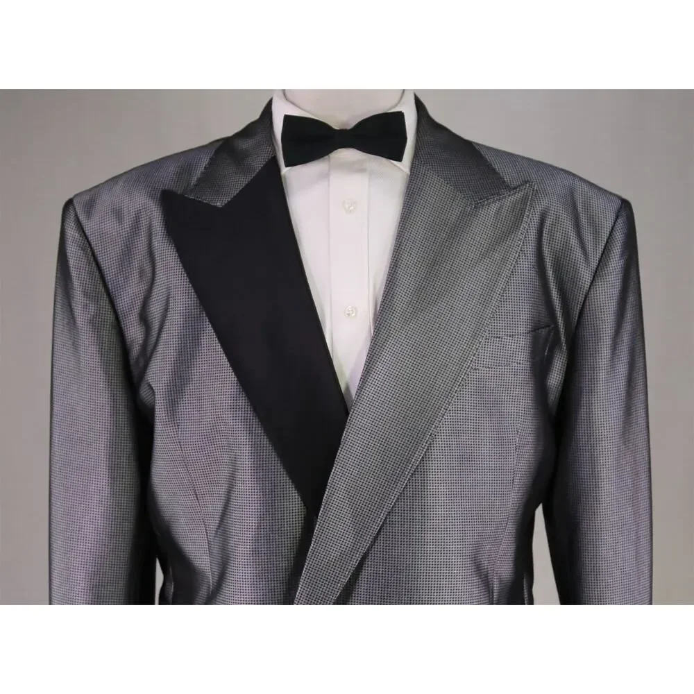 Sidohr Silver Check Silk Double Breasted Formal Masquerade Suit Handmade 44XL